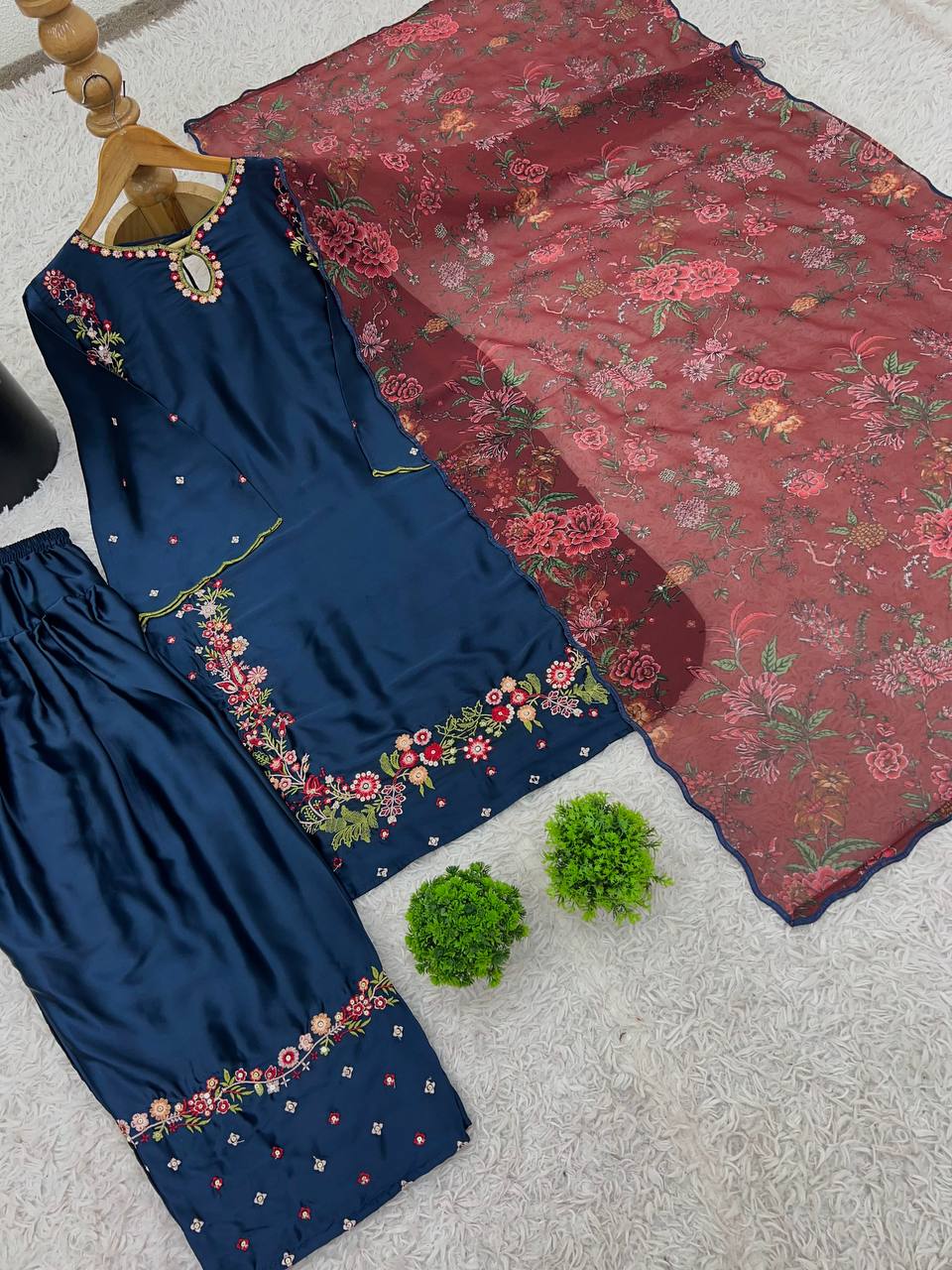 Traditional Wear Neavy Blue Color Pure Natural Crep Silk With Embroidery Sequence Work Salwar Suit
