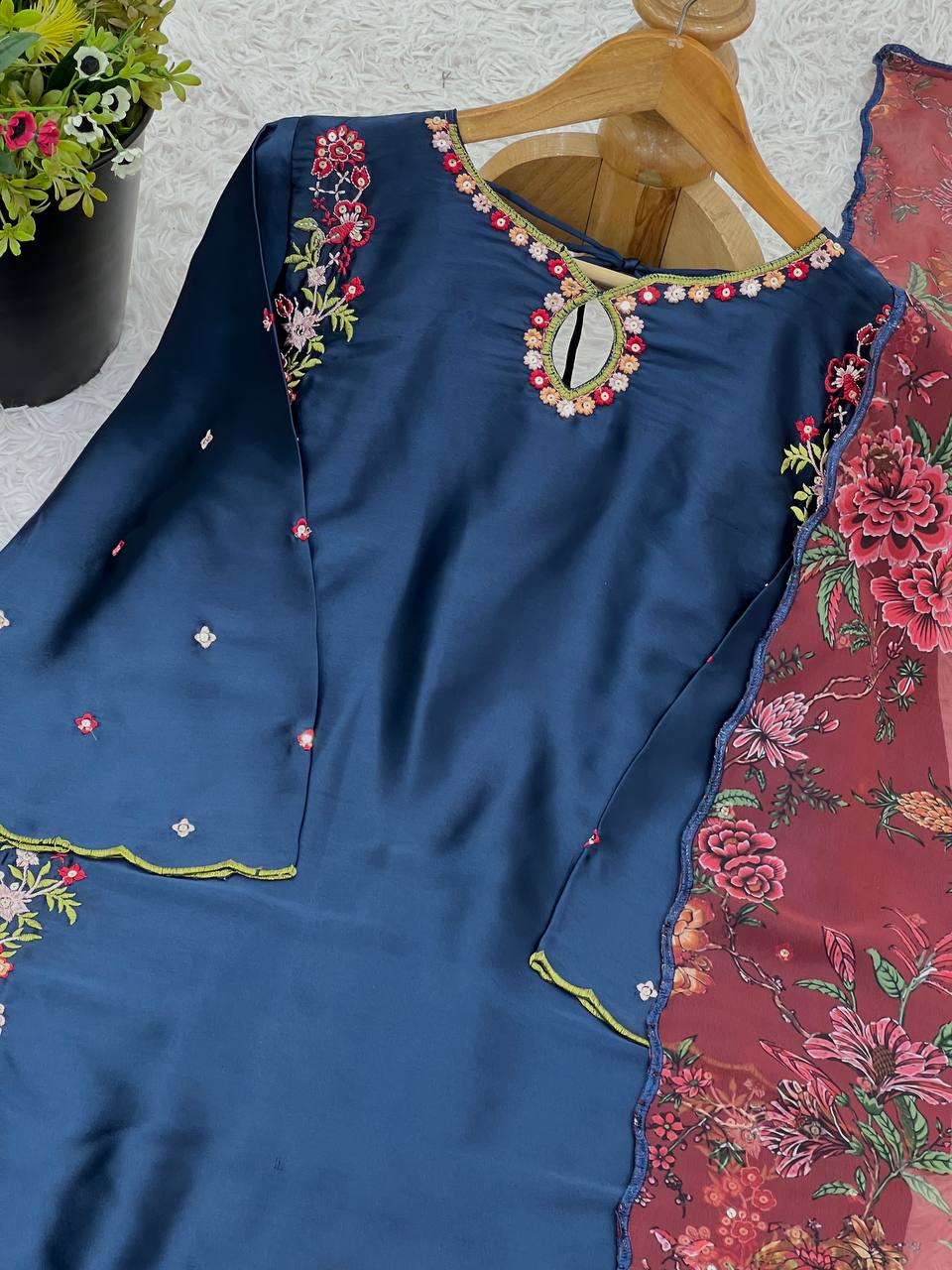 Traditional Wear Neavy Blue Color Pure Natural Crep Silk With Embroidery Sequence Work Salwar Suit