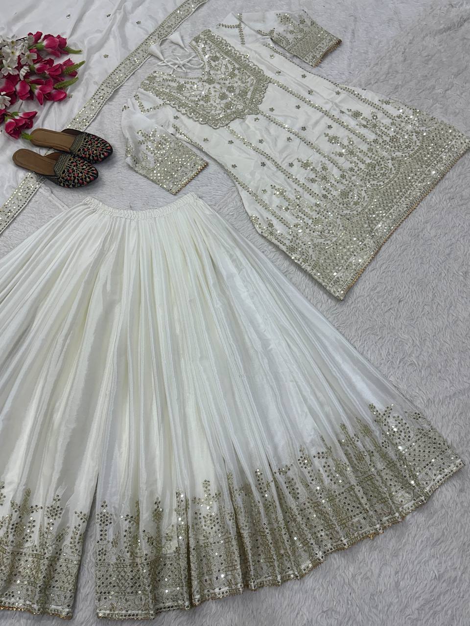 Luxuriant White Heavy Chinon Silk With Embroidery Sequence Coding Work Sharara Suit