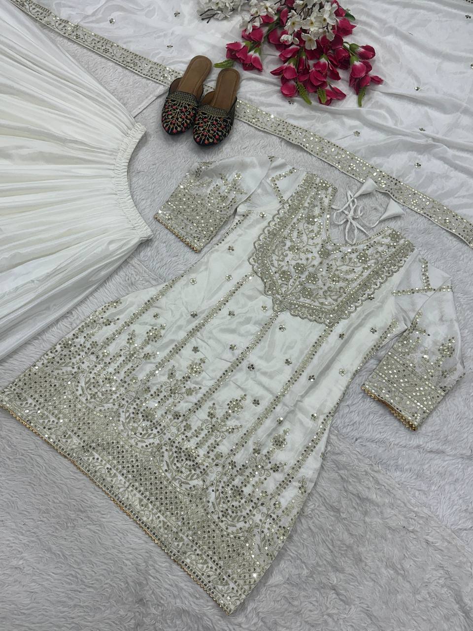 Luxuriant White Heavy Chinon Silk With Embroidery Sequence Coding Work Sharara Suit