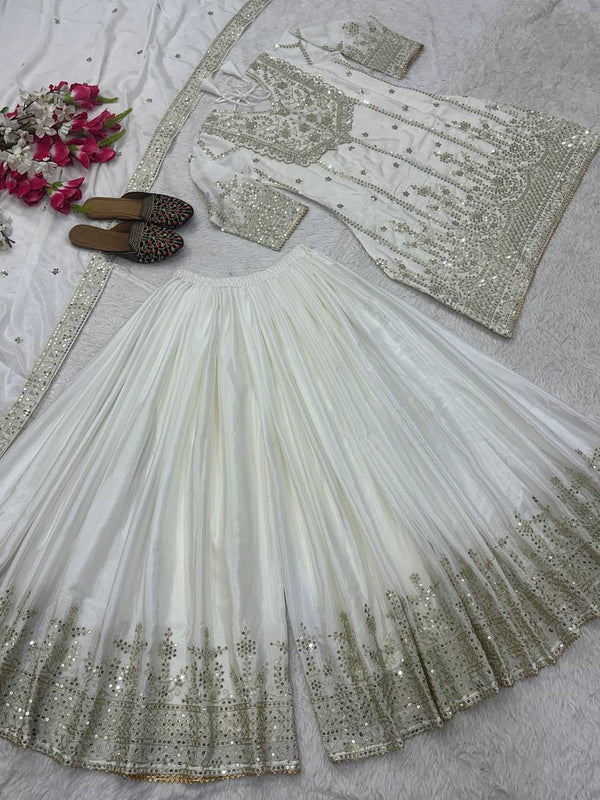 Luxuriant White Heavy Chinon Silk With Embroidery Sequence Coding Work Sharara Suit