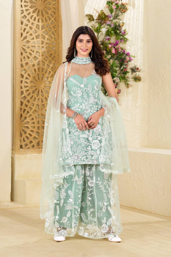 Wedding Wear Pista Green Color Butterfly Net Sequence Embroidery Work Palazzo Suit