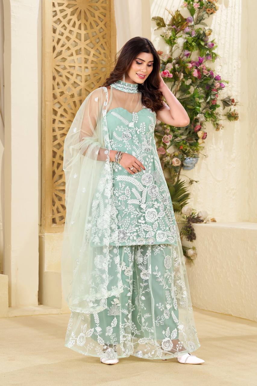 Wedding Wear Pista Green Color Butterfly Net Sequence Embroidery Work Palazzo Suit