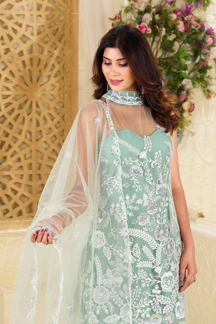 Wedding Wear Pista Green Color Butterfly Net Sequence Embroidery Work Palazzo Suit