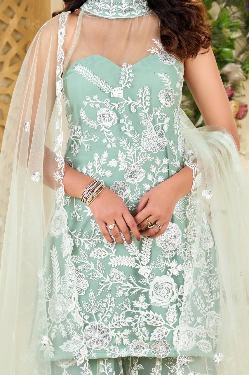 Wedding Wear Pista Green Color Butterfly Net Sequence Embroidery Work Palazzo Suit