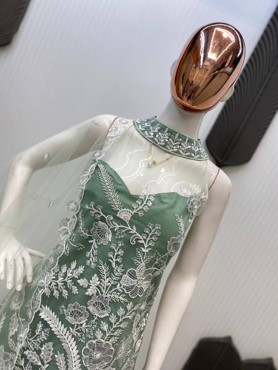 Wedding Wear Pista Green Color Butterfly Net Sequence Embroidery Work Palazzo Suit