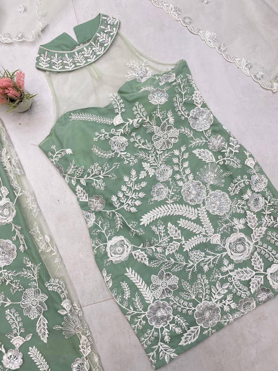 Wedding Wear Pista Green Color Butterfly Net Sequence Embroidery Work Palazzo Suit