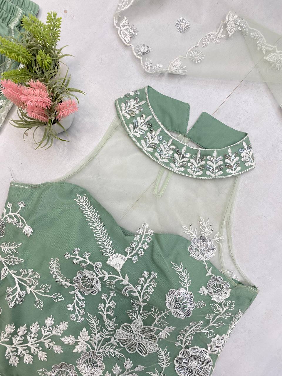 Wedding Wear Pista Green Color Butterfly Net Sequence Embroidery Work Palazzo Suit