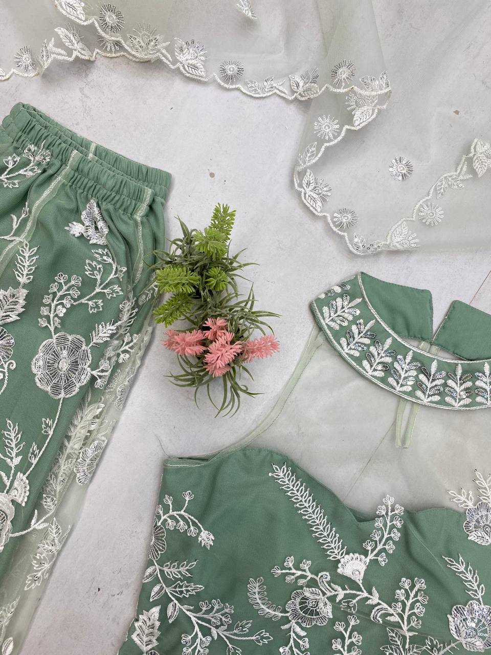 Wedding Wear Pista Green Color Butterfly Net Sequence Embroidery Work Palazzo Suit