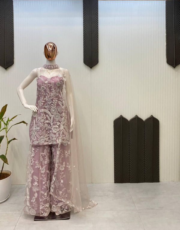 Wedding Wear Dusty Pink Color Butterfly Net Sequence Embroidery Work Palazzo Suit