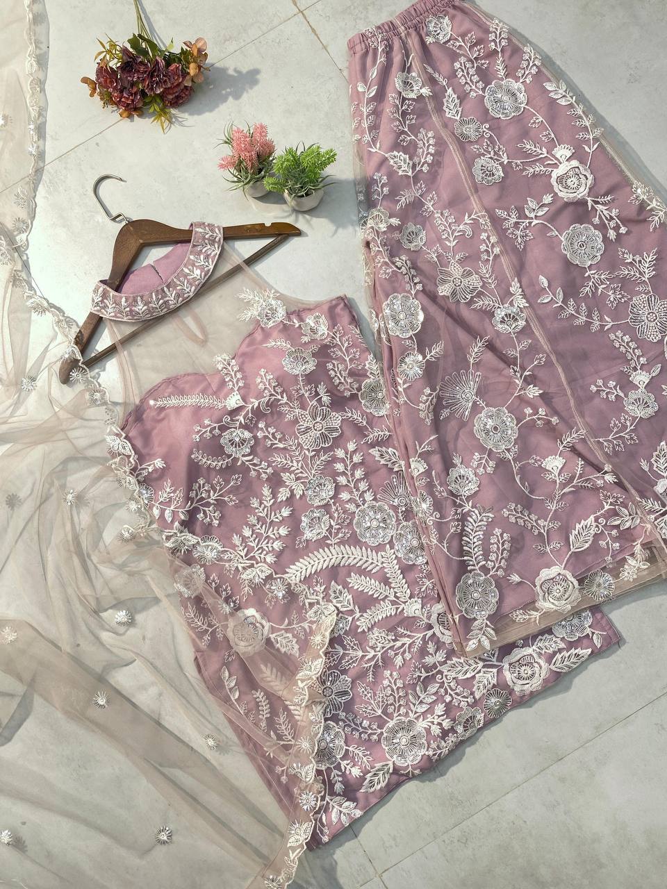 Wedding Wear Dusty Pink Color Butterfly Net Sequence Embroidery Work Palazzo Suit