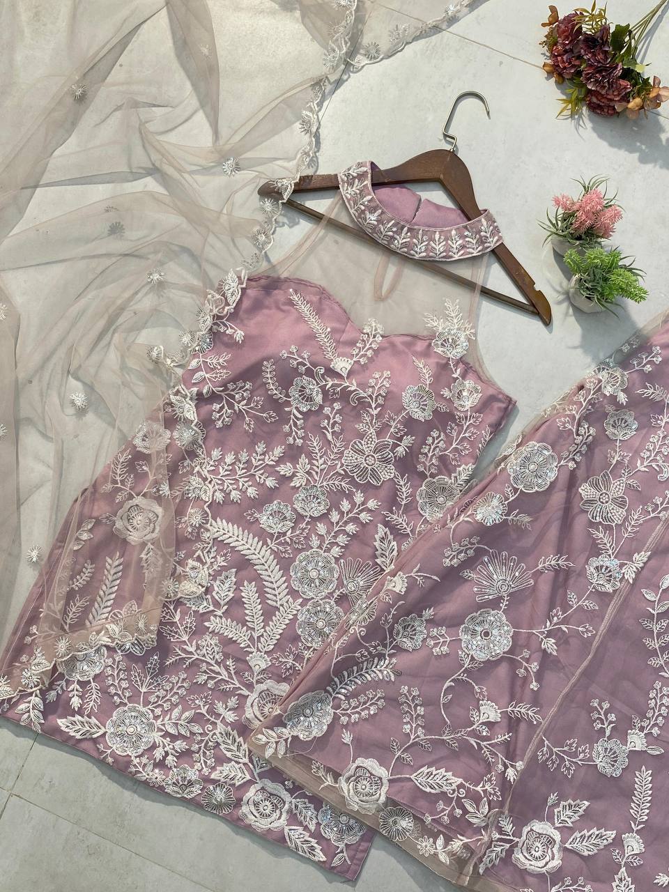 Wedding Wear Dusty Pink Color Butterfly Net Sequence Embroidery Work Palazzo Suit