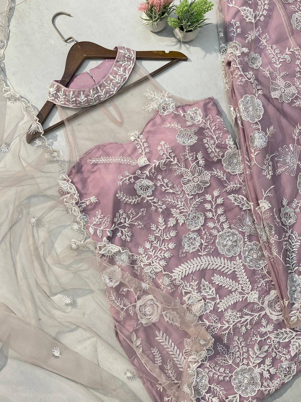 Wedding Wear Dusty Pink Color Butterfly Net Sequence Embroidery Work Palazzo Suit