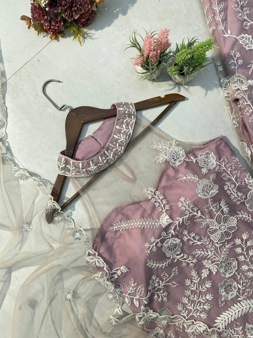 Wedding Wear Dusty Pink Color Butterfly Net Sequence Embroidery Work Palazzo Suit