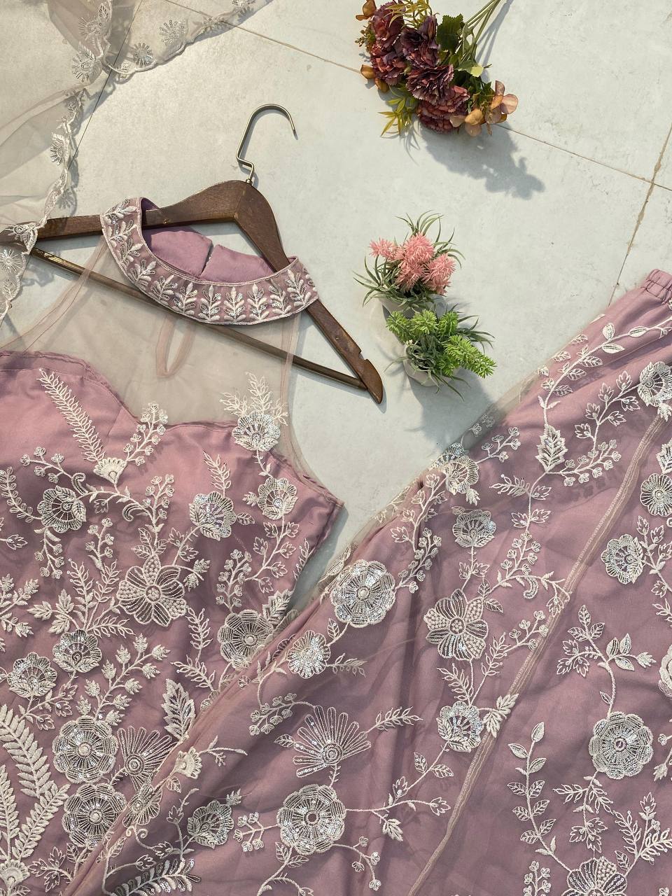 Wedding Wear Dusty Pink Color Butterfly Net Sequence Embroidery Work Palazzo Suit