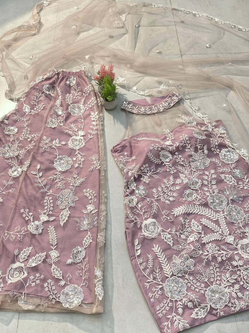Wedding Wear Dusty Pink Color Butterfly Net Sequence Embroidery Work Palazzo Suit