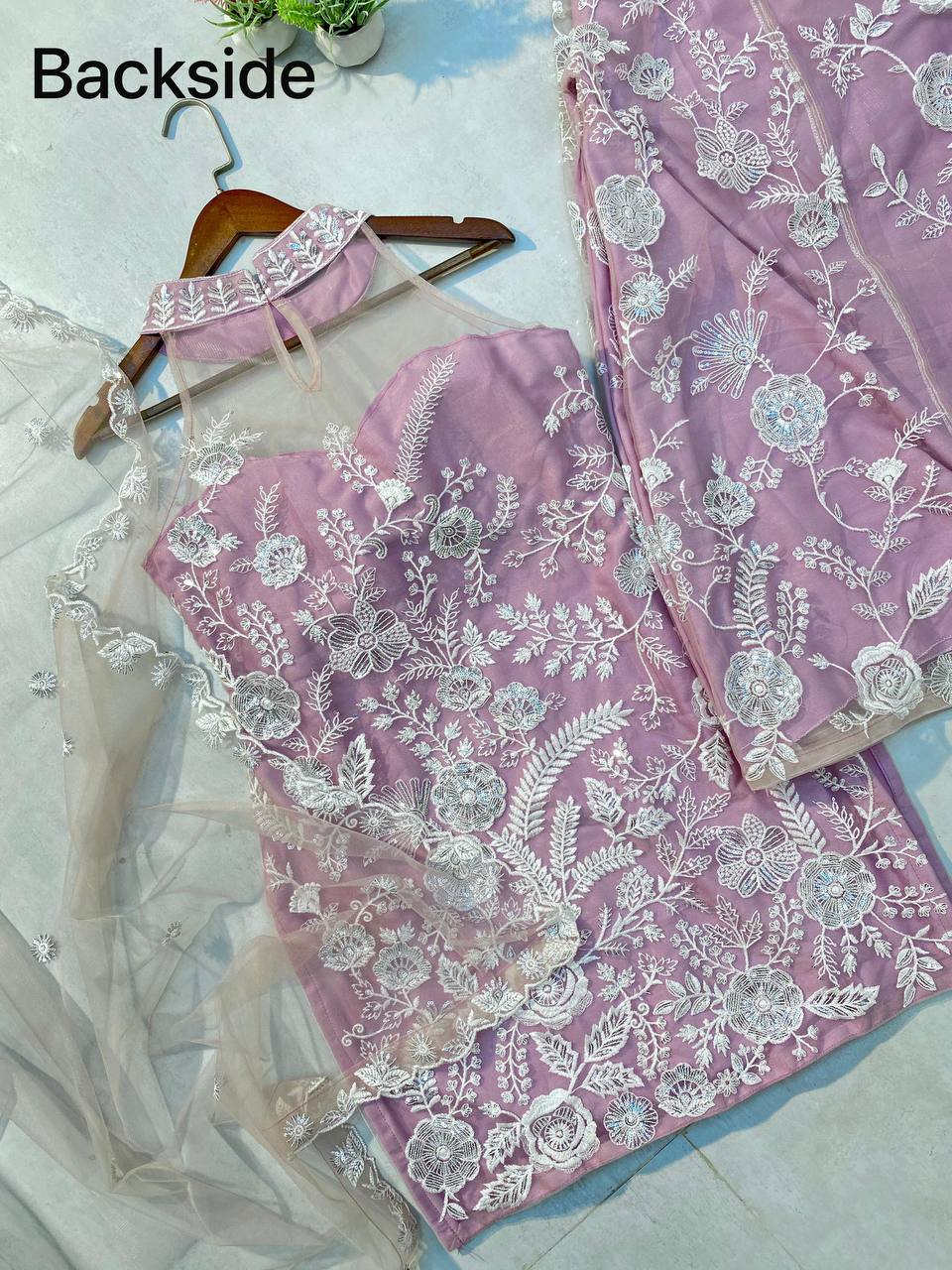 Wedding Wear Dusty Pink Color Butterfly Net Sequence Embroidery Work Palazzo Suit