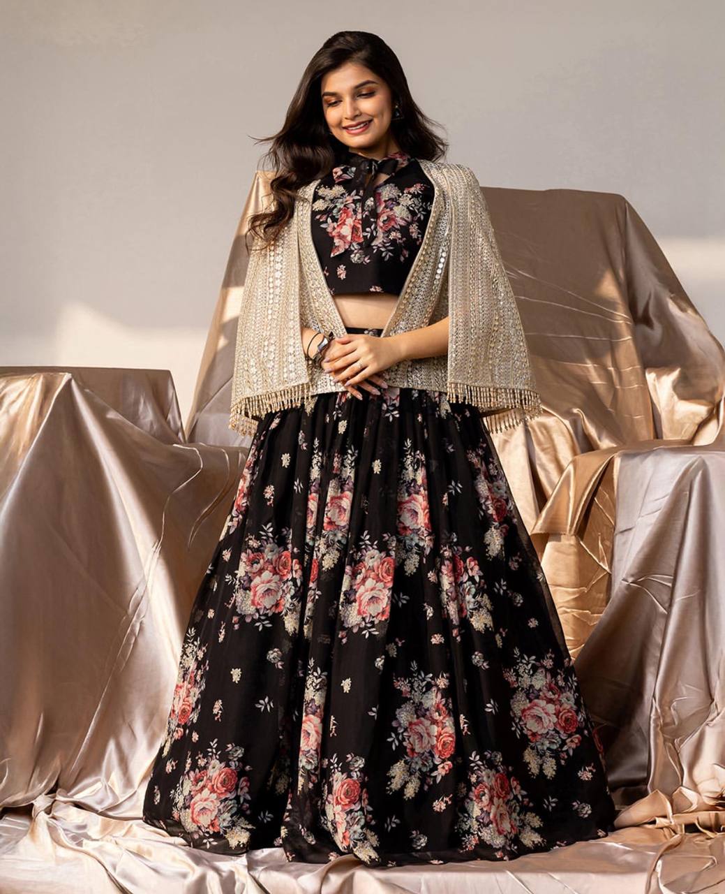 Designer Black Color Printed Ready To Wear Lehenga Choli WIth Embroidered Koti