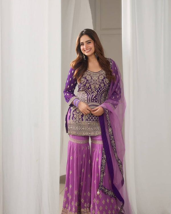 Traditional Wear Purple Color Embroidered Suit On Georgette Fabric With Heavy Work Sharara Suit With Dupatta