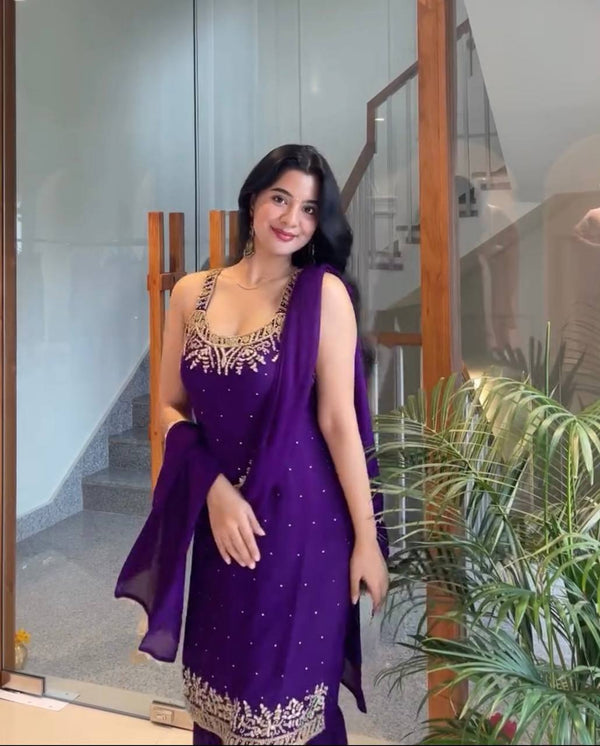 Wedding Wear Purple Color Georgette Bead Handwork Sharara Suit