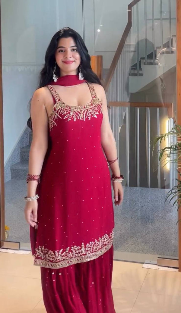 Wedding Wear Red Color Georgette Bead Handwork Sharara Suit