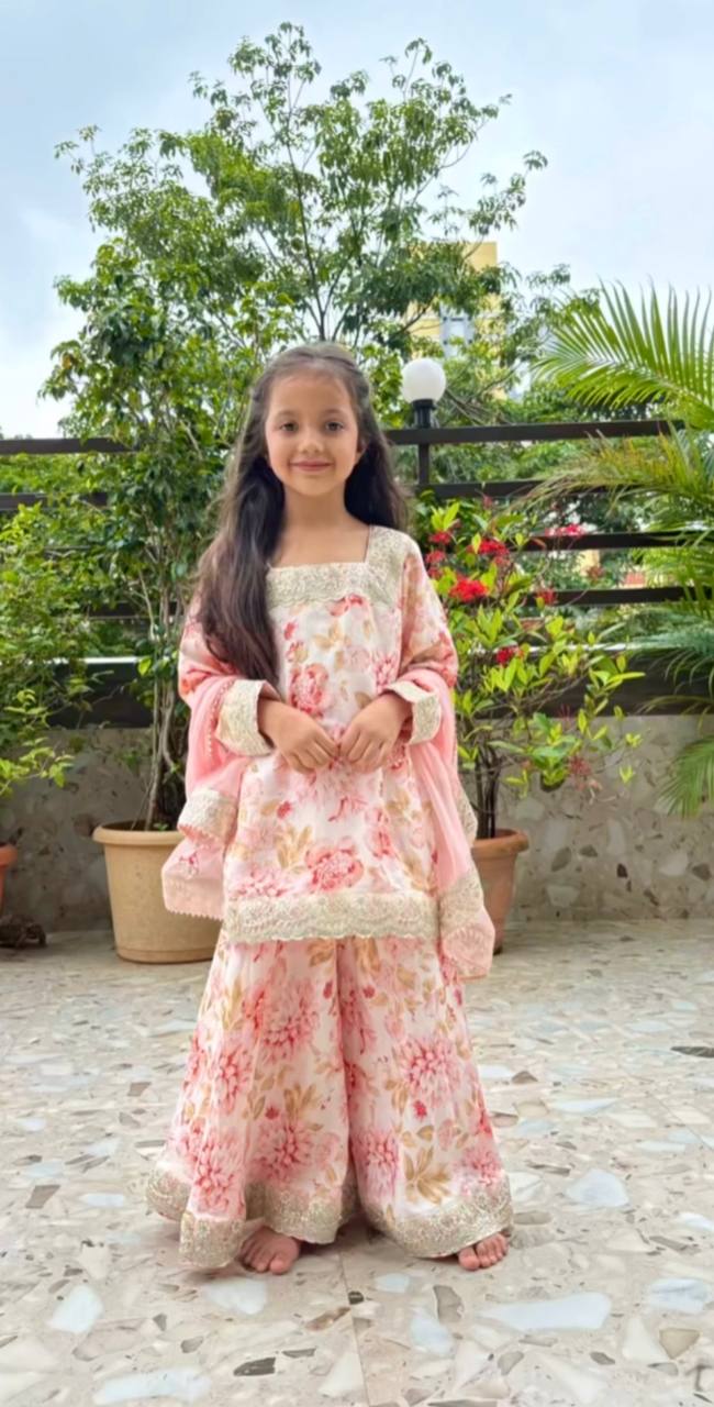 Designer White Color Embroidered And Printed Sharara Suit Set for Girls