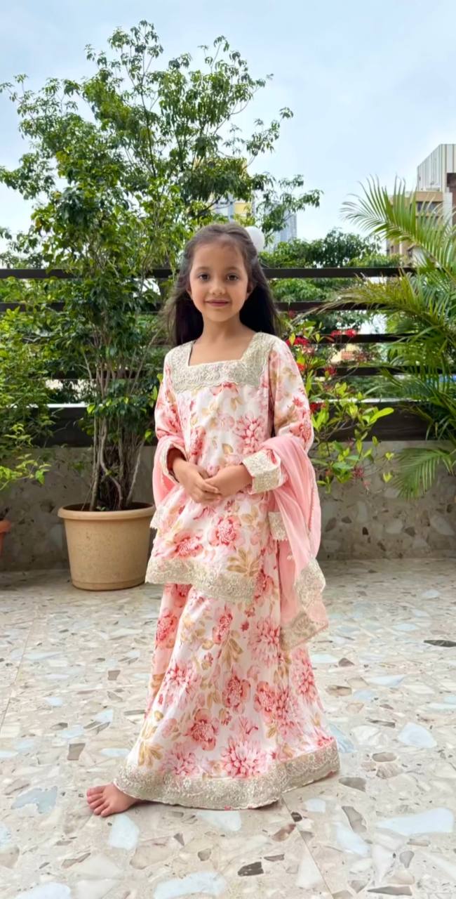 Designer White Color Embroidered And Printed Sharara Suit Set for Girls