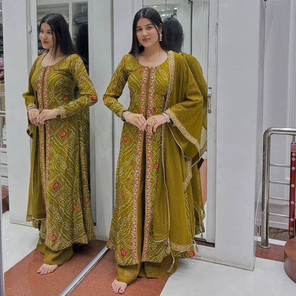 Ravishing Mustard Color Heavy Faux Georgette Fancy Digital Print With Embroidery Sequins Work Palazzo Suit