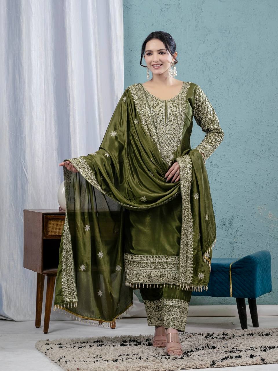 Celebrity Style Green Color Pure Chinon Silk With Embroidery Coding Sequence Work Salwar Suit