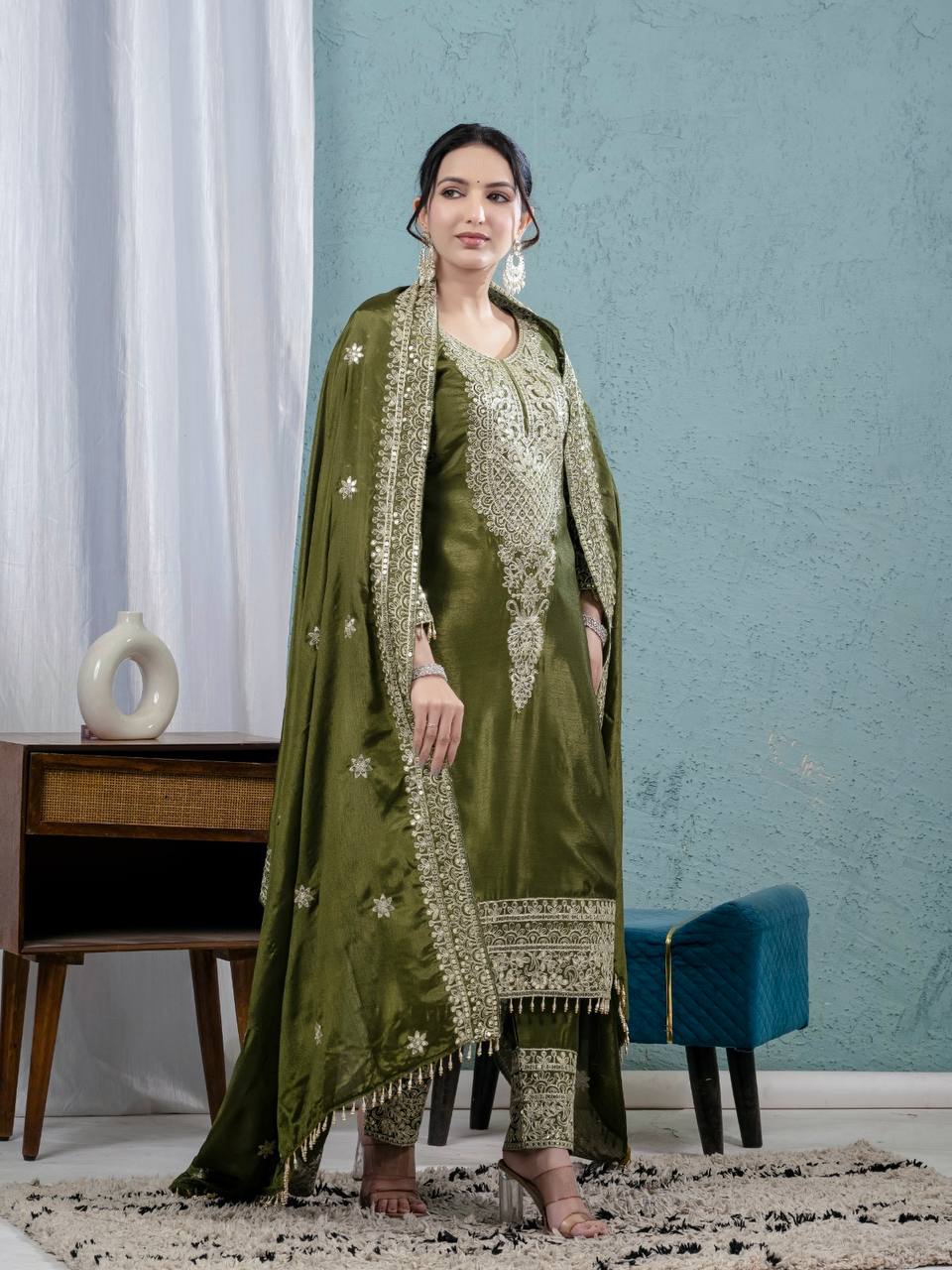 Celebrity Style Green Color Pure Chinon Silk With Embroidery Coding Sequence Work Salwar Suit