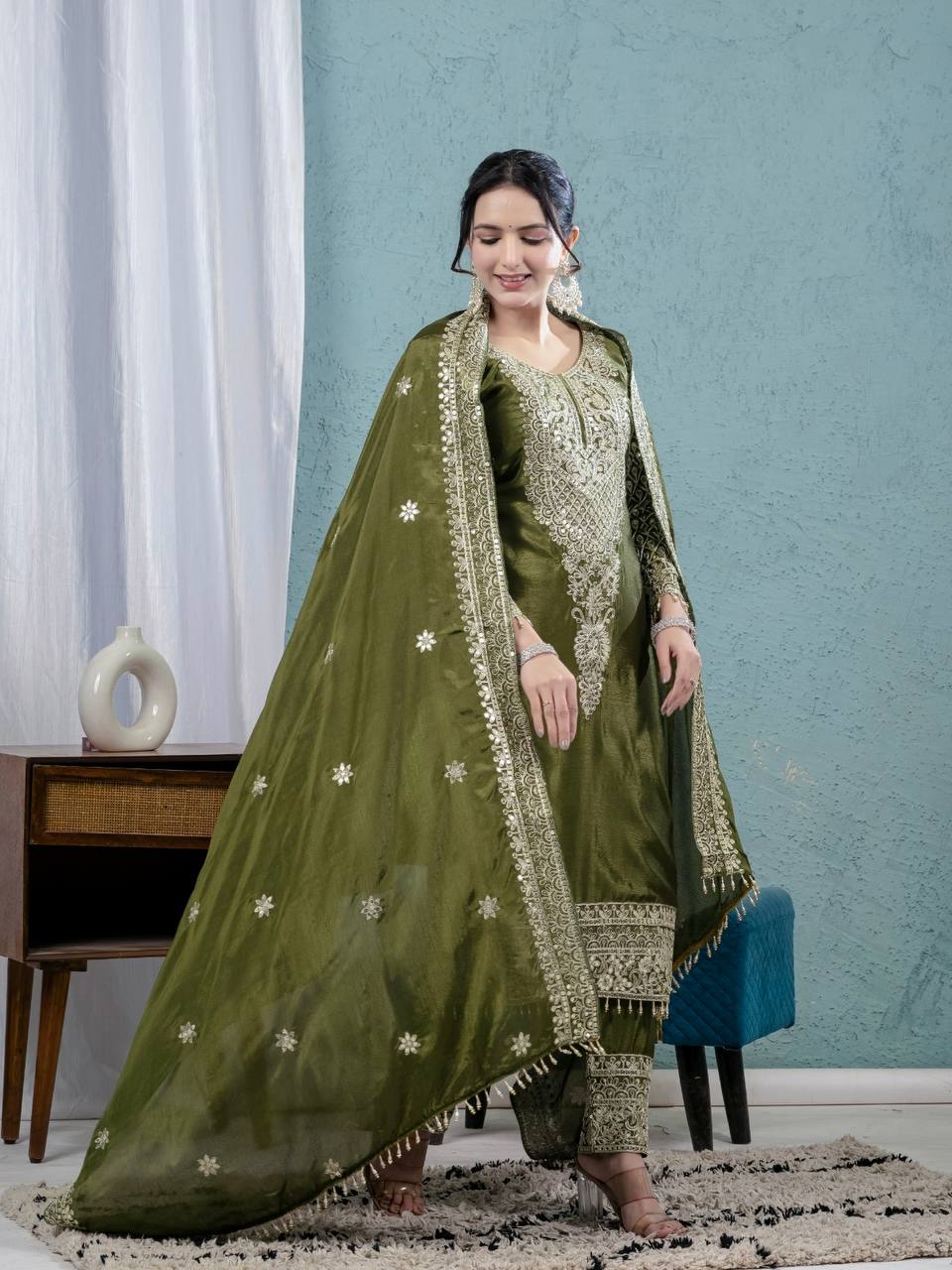 Celebrity Style Green Color Pure Chinon Silk With Embroidery Coding Sequence Work Salwar Suit
