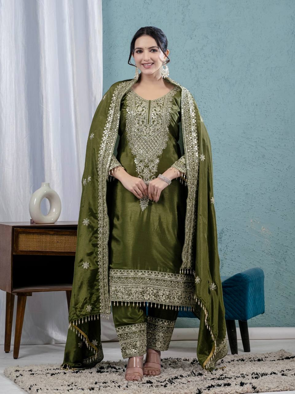 Celebrity Style Green Color Pure Chinon Silk With Embroidery Coding Sequence Work Salwar Suit