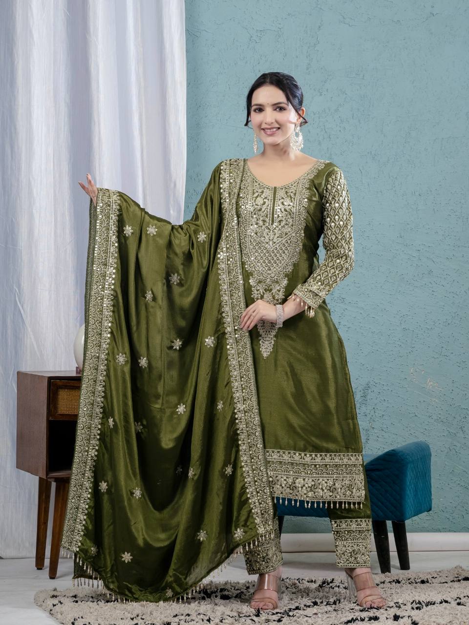 Celebrity Style Green Color Pure Chinon Silk With Embroidery Coding Sequence Work Salwar Suit