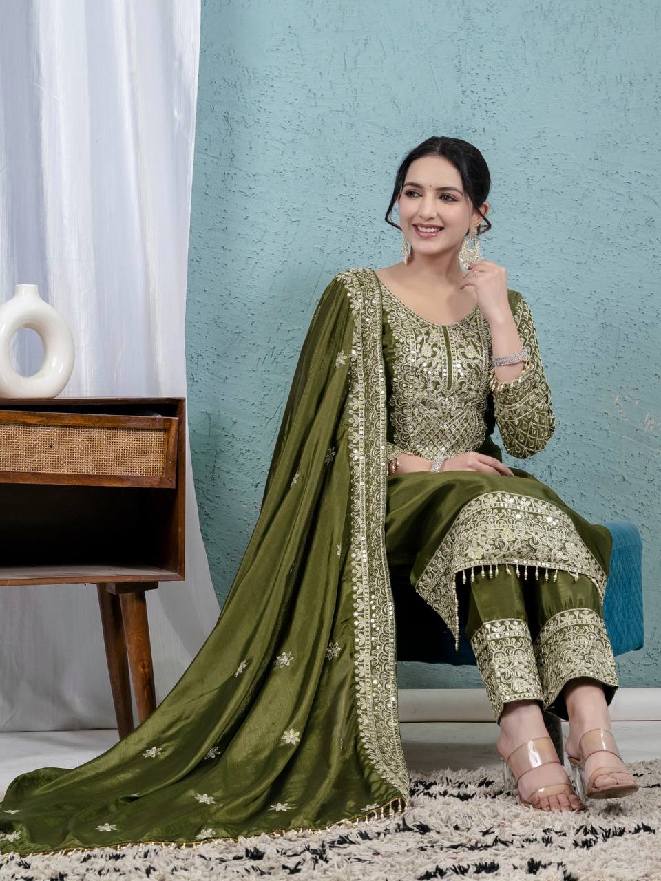 Celebrity Style Green Color Pure Chinon Silk With Embroidery Coding Sequence Work Salwar Suit