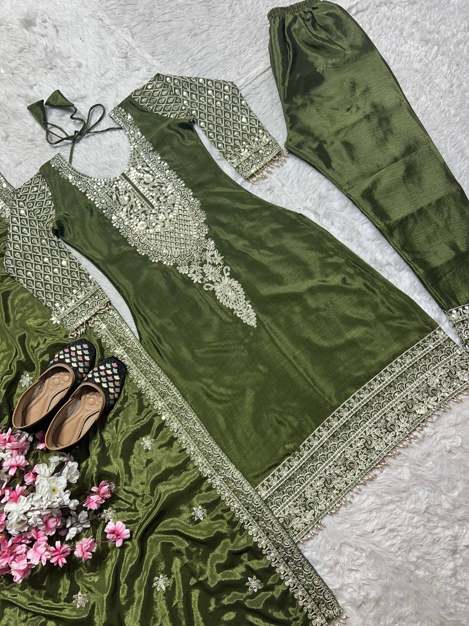 Celebrity Style Green Color Pure Chinon Silk With Embroidery Coding Sequence Work Salwar Suit