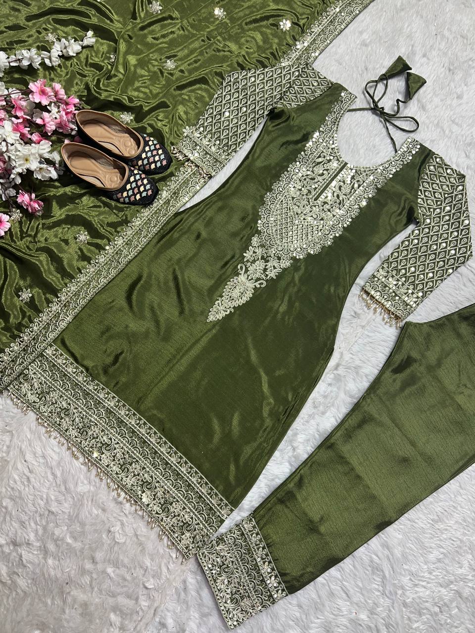 Celebrity Style Green Color Pure Chinon Silk With Embroidery Coding Sequence Work Salwar Suit