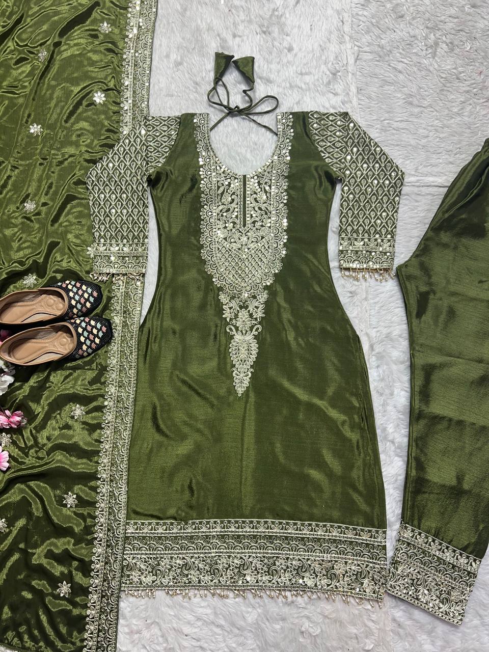 Celebrity Style Green Color Pure Chinon Silk With Embroidery Coding Sequence Work Salwar Suit