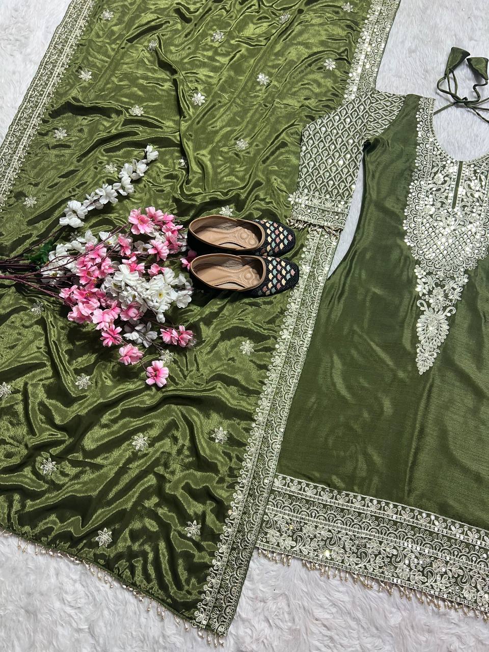 Celebrity Style Green Color Pure Chinon Silk With Embroidery Coding Sequence Work Salwar Suit