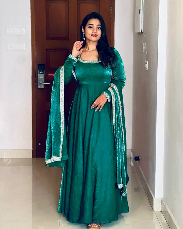 Wedding Wear Teal Heavy Fandy Silk With Embroidery Sequence Work Designer Gown