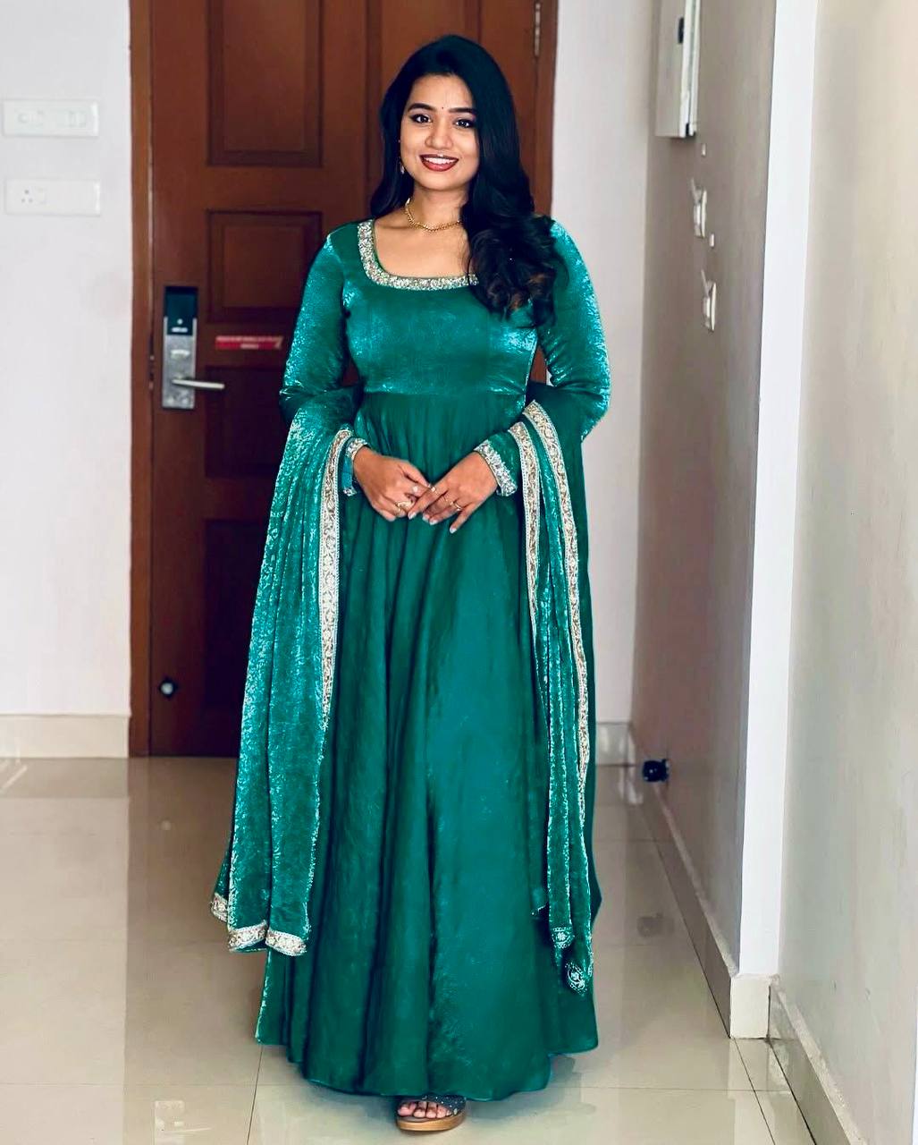 Wedding Wear Teal Heavy Fandy Silk With Embroidery Sequence Work Designer Gown