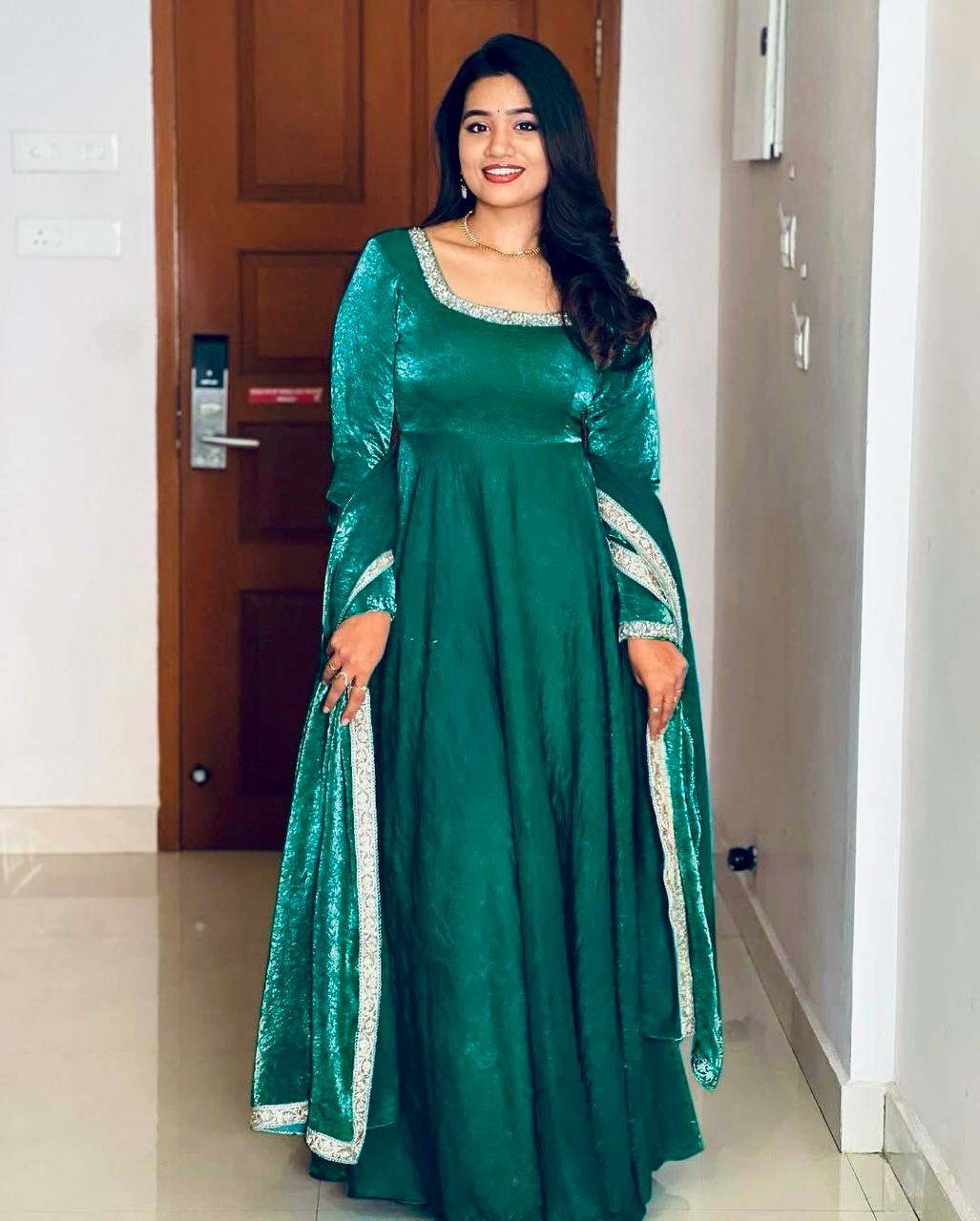 Wedding Wear Teal Heavy Fandy Silk With Embroidery Sequence Work Designer Gown