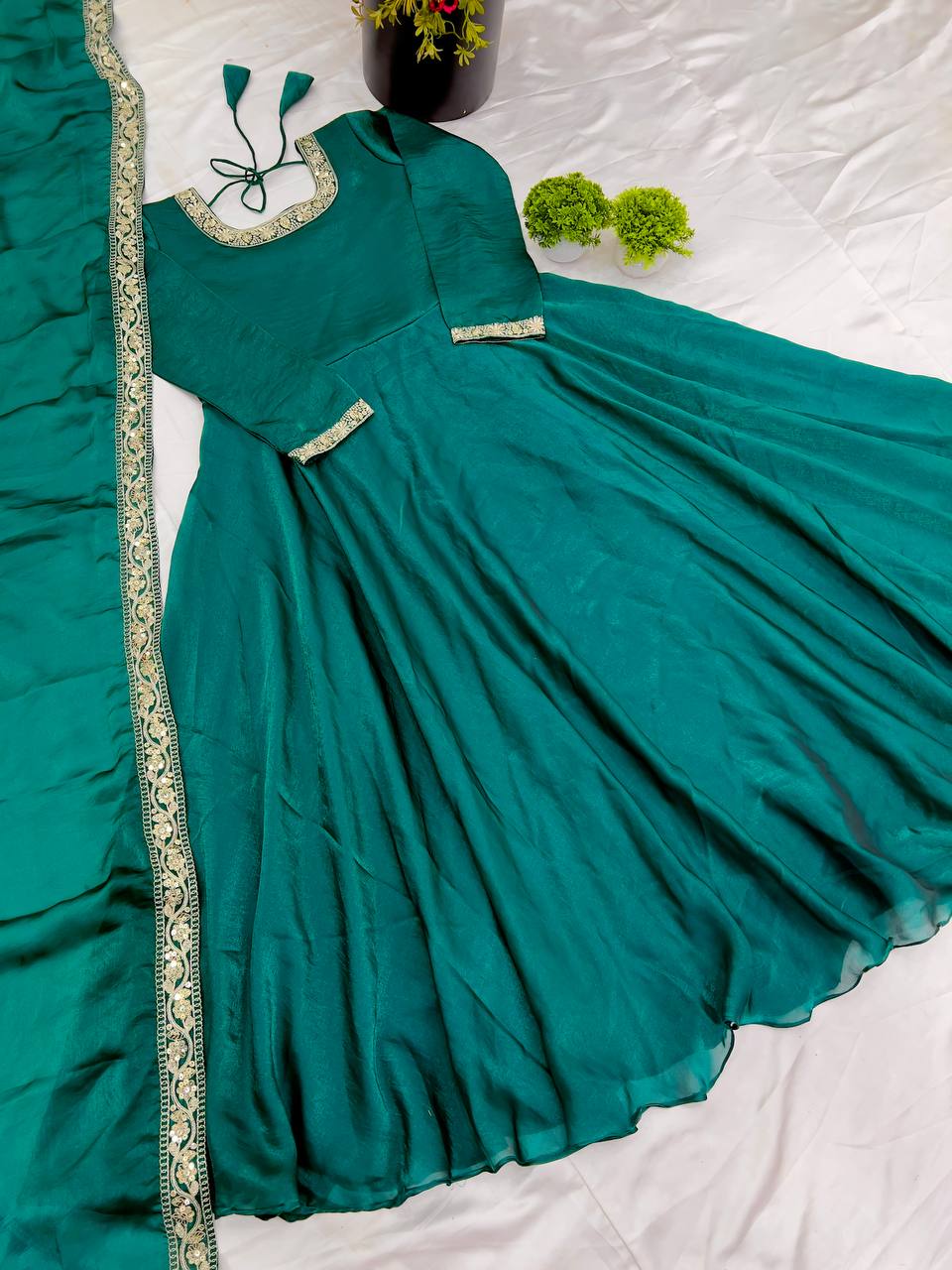 Wedding Wear Teal Heavy Fandy Silk With Embroidery Sequence Work Designer Gown