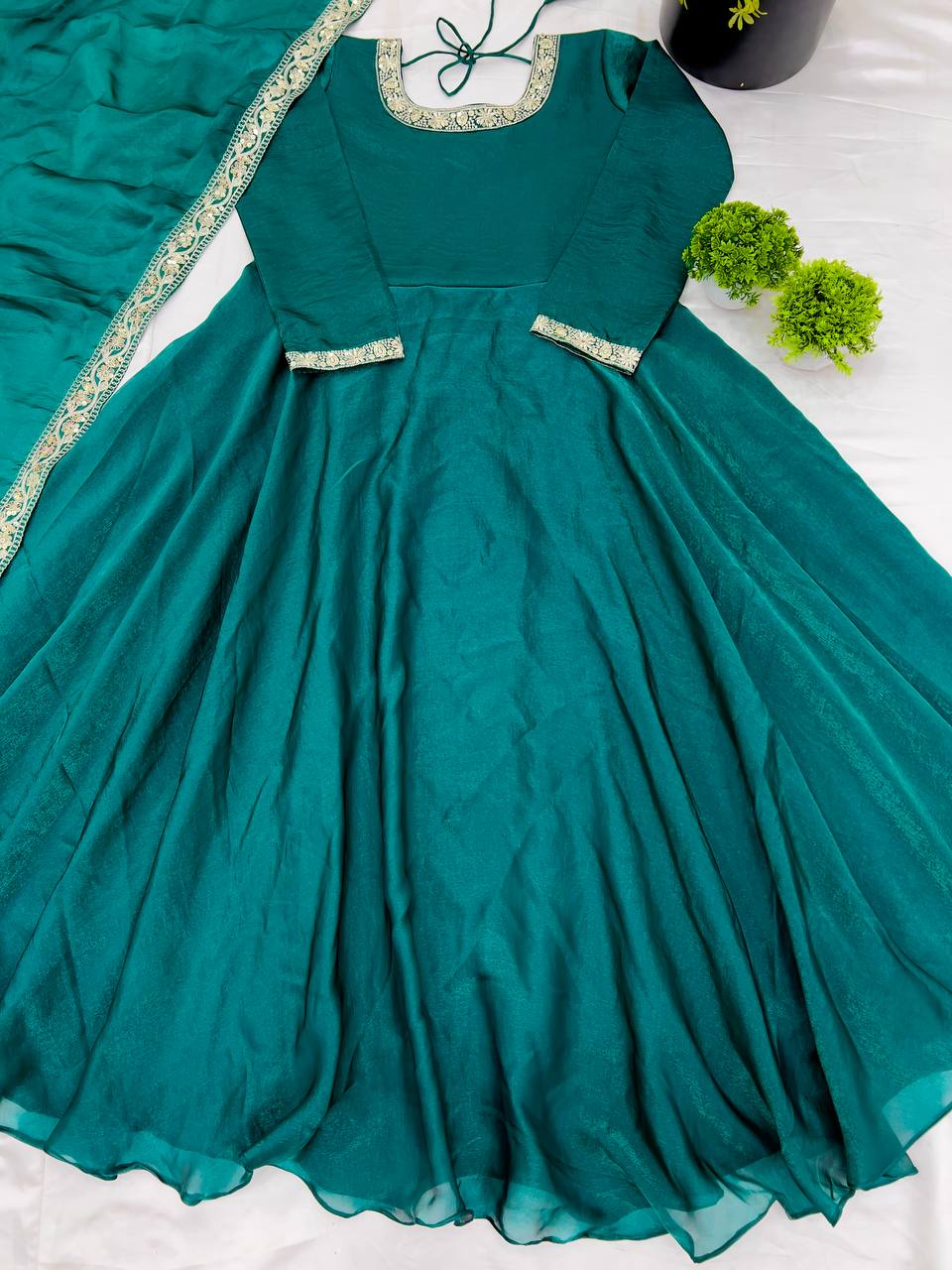 Wedding Wear Teal Heavy Fandy Silk With Embroidery Sequence Work Designer Gown