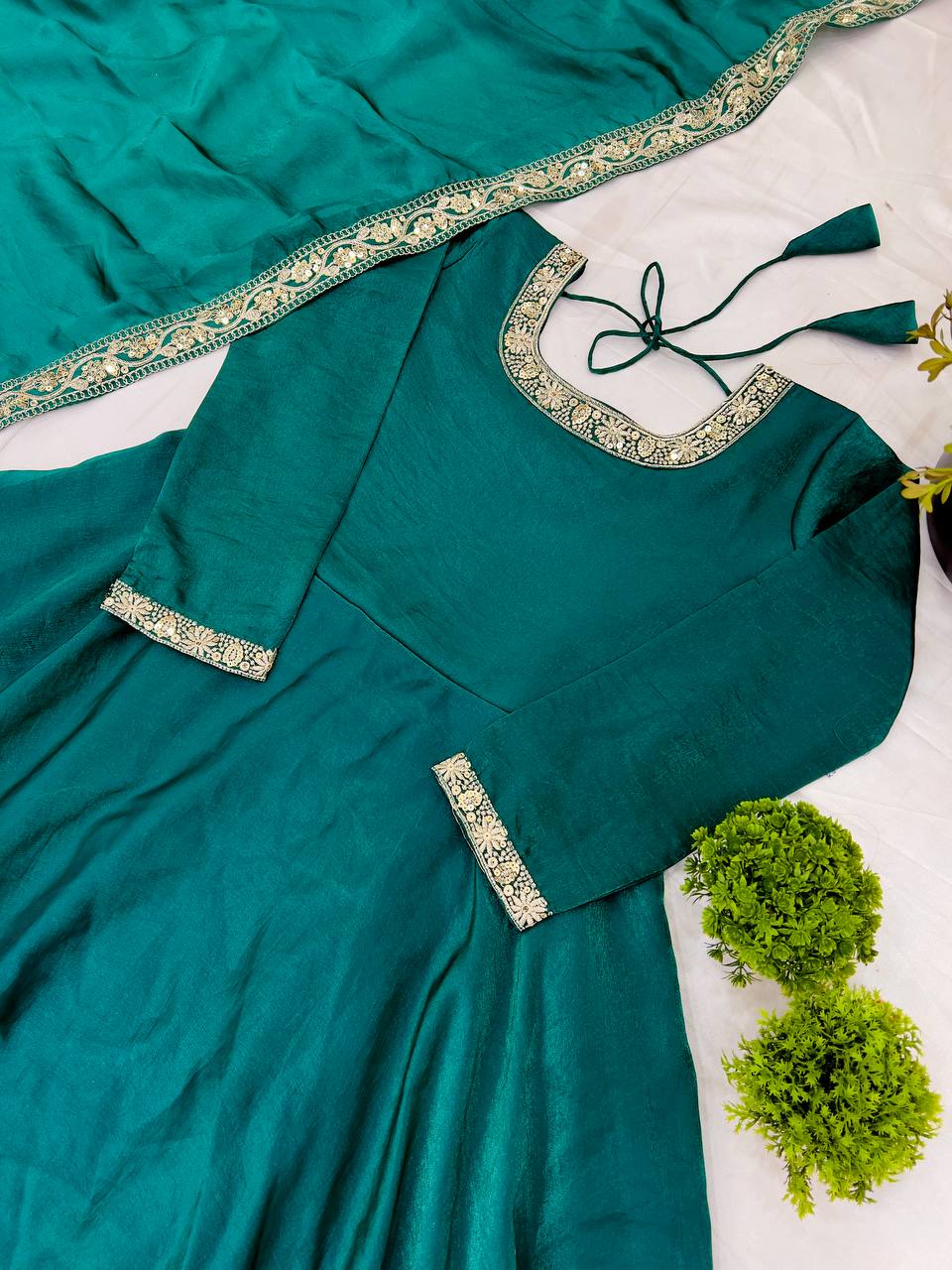 Wedding Wear Teal Heavy Fandy Silk With Embroidery Sequence Work Designer Gown