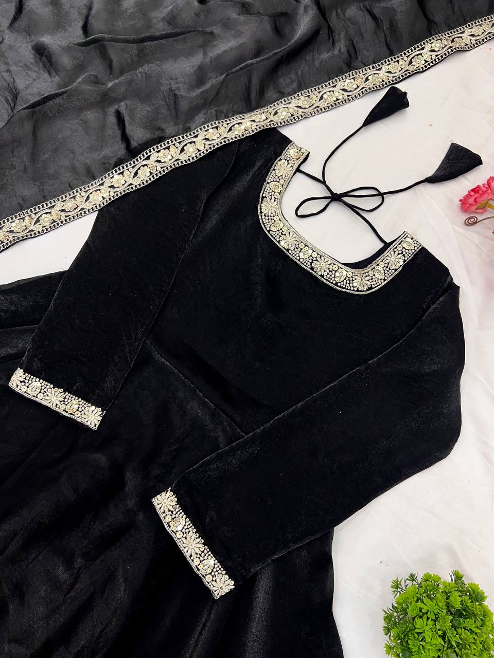 Wedding Wear Black Heavy Fandy Silk With Embroidery Sequence Work Designer Gown