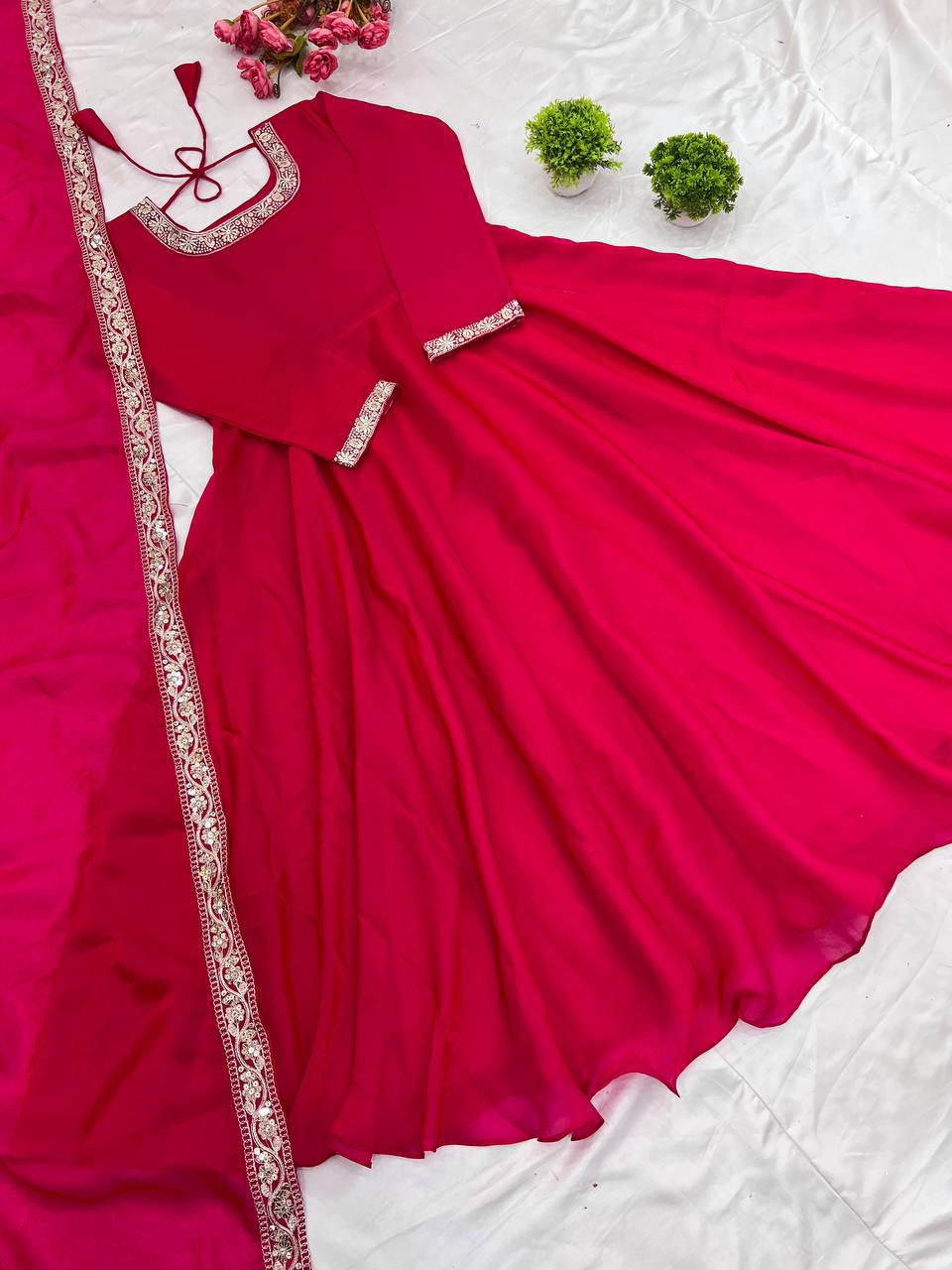 Wedding Wear Rose Color Heavy Fandy Silk With Embroidery Sequence Work Designer Gown