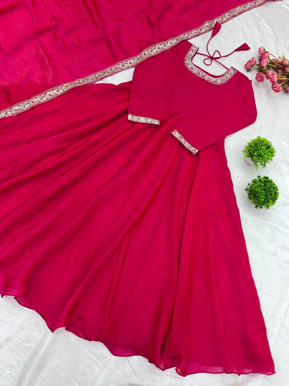 Wedding Wear Rose Color Heavy Fandy Silk With Embroidery Sequence Work Designer Gown