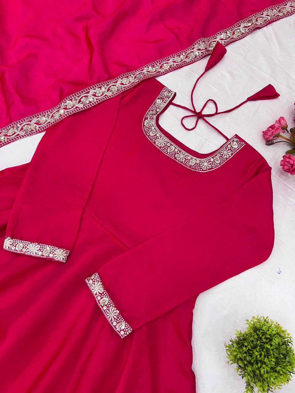 Wedding Wear Rose Color Heavy Fandy Silk With Embroidery Sequence Work Designer Gown
