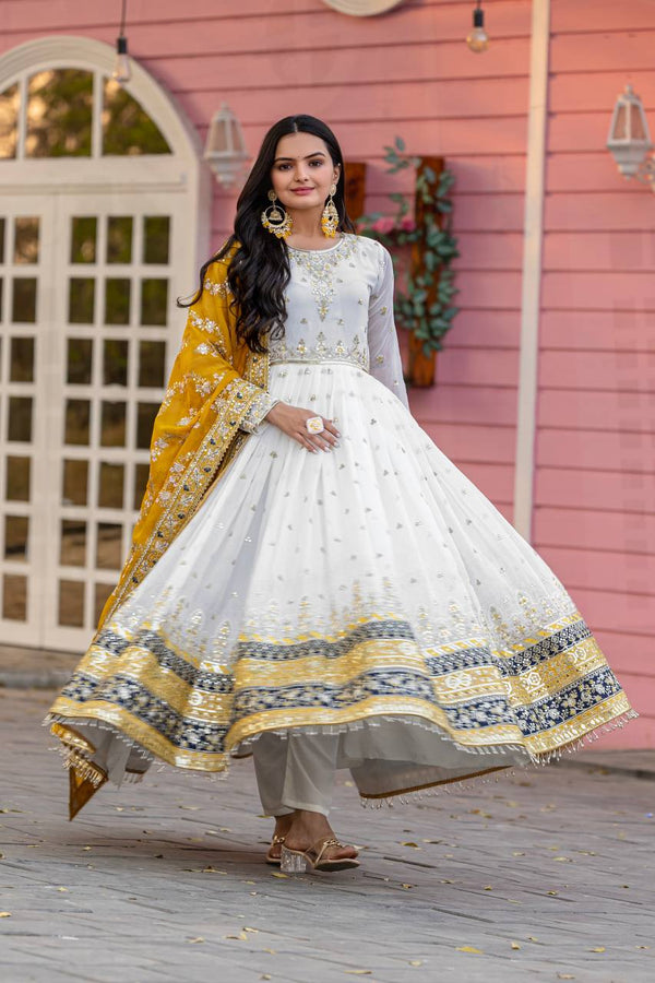 Exclusive Fully Stitch Yellow Color Heavy Faux Georgette With Embroidery Sequence Work Designer Gown