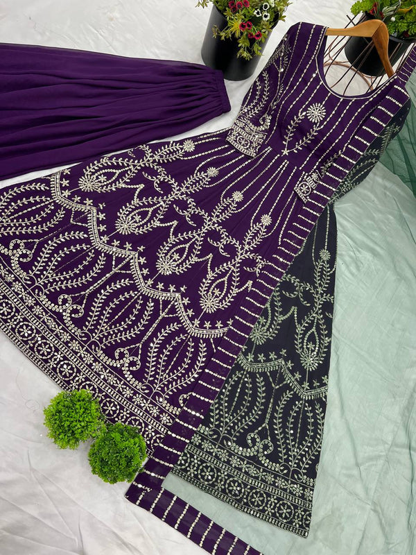 Opulent Purple Color Faux Georgette With Heavy Embroidery Sequence Work Palazzo Suit